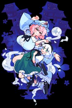 2girls absurdres black_bow black_bowtie black_hairband black_ribbon black_shoes blue_background blue_dress blue_eyes blue_hat blue_kimono blush bow bowtie breasts closed_mouth collared_shirt commentary dark_background dress frilled_kimono frilled_skirt frilled_socks frills full_body ghost gram_9 green_skirt green_vest grey_hair hair_ribbon hairband half-closed_eyes hat highres hitodama hitodama_print huge_breasts japanese_clothes katana kimono kneehighs konpaku_youmu konpaku_youmu_(ghost) lantern long_hair long_sleeves looking_at_viewer mary_janes medium_hair medium_skirt mob_cap multiple_girls neck_ribbon open_mouth pink_eyes pink_hair pleated_skirt puffy_short_sleeves puffy_sleeves red_eyes ribbon saigyouji_yuyuko sheath sheathed shirt shoes short_hair short_sleeves skirt skirt_set sleeve_garter smile socks sword touhou triangular_headpiece vest weapon white_hair white_shirt white_socks wide_sleeves wooden_lantern