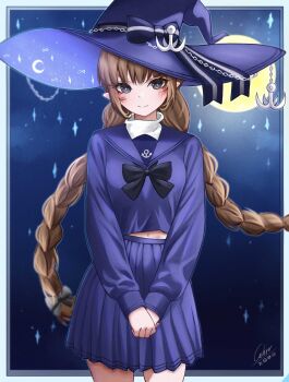 Rule 34 | 1girl, anchor, anchor hat ornament, black bow, blue eyes, blue skirt, blue sky, blush, bow, braid, brown hair, calevv, commentary, dress, fish, funamusea, hair bow, hat, hat bow, hat ornament, highres, instagram logo, long hair, looking at viewer, moon, multicolored bow, navel, oounabara to wadanohara, outside border, own hands together, patreon logo, pleated skirt, pointy ears, sailor dress, sidelocks, signature, skirt, sky, smile, solo, sparkle, twin braids, twitter x logo, wadanohara, witch, witch hat