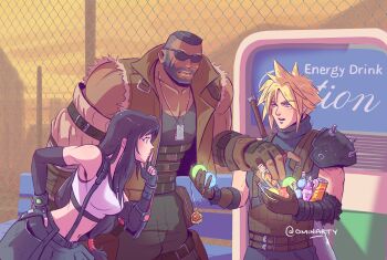 1girl 2boys arm_cannon armor bare_shoulders barret_wallace belt black_gloves black_hair black_skirt blonde_hair blue_eyes blue_sweater bracelet breasts brown_gloves brown_vest cloud_strife collarbone commentary crop_top dark-skinned_male dark_skin dog_tags elbow_gloves english_commentary facial_hair facial_scar final_fantasy final_fantasy_vii final_fantasy_vii_remake from_side gloves hand_on_own_hip holding jewelry leaning_forward long_hair looking_at_another materia medium_breasts midriff multiple_belts multiple_boys navel ominarty outdoors potion profile red_eyes scar scar_on_cheek scar_on_face short_hair shoulder_armor skirt sleeveless sleeveless_turtleneck spiked_hair sunglasses suspender_skirt suspenders sweater sword sword_on_back tank_top tifa_lockhart turtleneck turtleneck_sweater twitter_username upper_body vending_machine vest weapon weapon_on_back white_tank_top