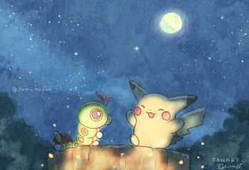 animal_focus caterpie closed_eyes commentary_request dot_nose full_moon gen_1_pokemon mian_(user_kwcj2833) mixed-language_commentary moon night night_sky nintendo no_humans on_tree_stump open_mouth outdoors pikachu poke_ball poke_ball_(basic) pokemon pokemon_(anime) pokemon_(classic_anime) pokemon_(creature) pokemon_focus scene_reference signature sky smile star_(sky) starry_sky twitter_username