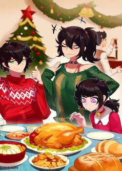 +++ 2boys 2girls :3 :d absurdres aierlaobo andrew_graves antenna_hair ashley_graves baguette bell blurry blurry_background bowl box bread breasts bright_pupils brother_and_sister brown_background brown_sweater_vest buttons chicken_(food) choker christmas christmas_sweater cleavage closed_eyes collarbone collared_shirt commentary cup double-parted_bangs douglas_graves drinking_glass drooling english_commentary family father_and_daughter father_and_son fingernails food french_fries glass green_eyes green_sweater hair_behind_ear hair_between_eyes hair_tie half-closed_eyes hand_on_own_arm hand_up high_ponytail highres holding holding_box holding_wristwatch indoors long_fingernails long_sleeves looking_at_food looking_at_object looking_down low_ponytail medium_breasts medium_hair mother_and_daughter mother_and_son multiple_boys multiple_girls neck_bell open_mouth outline pink_eyes plate ponytail puffy_long_sleeves puffy_sleeves purple_choker red_choker red_shirt red_sweater renee_graves round_table shirt short_hair siblings simple_background single_bare_shoulder single_off_shoulder sleeves_past_wrists smile steam sweatdrop sweater sweater_vest swept_bangs table tareme the_coffin_of_andy_and_leyley thumbs_up tsurime turkey_(food) turtleneck turtleneck_sweater twitter_username u_u upper_body v-shaped_eyebrows very_short_hair watch white_outline white_pupils white_shirt wine_glass wristwatch