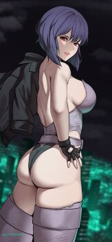 1girl ass breasts cityscape cowboy_shot ekuskarma fingerless_gloves ghost_in_the_shell ghost_in_the_shell:_stand_alone_complex gloves hand_on_own_hip highres jacket jacket_on_shoulders kusanagi_motoko large_breasts leotard looking_at_viewer night night_sky outdoors purple_hair red_eyes short_hair sky thighs twitter_username