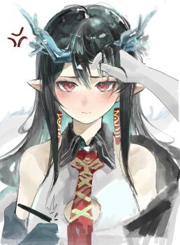 1girl 1other ^^^ absurdres anger_vein arknights bare_shoulders black_hair black_jacket blue_hair blush broken closed_mouth collared_dress commentary_request dragon_tail dress dusk_(arknights) earrings highres holding holding_pen horns jacket jewelry long_hair looking_at_viewer multicolored_hair necktie off_shoulder out_of_frame pen pointy_ears red_eyes red_necktie simple_background sleeveless sleeveless_dress solo_focus streaked_hair tail tiansuo_haoer two-tone_hair upper_body very_long_hair white_background white_dress