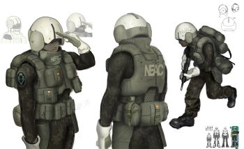 1boy boots combat_helmet copyright_request gloves gun helmet highres military_combat_uniform military_fatigues military_uniform multiple_views rifle rythayze simple_background soldier solo weapon white_background