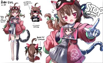 >_< 1girl :d :o absurdres ahoge alternate_costume animal_ears asymmetrical_legwear blush_stickers bow braid brown_hair cardigan cat_ears cat_tail commentary display english_commentary evil_neuro-sama fake_animal_ears film_grain full_body green_bow hair_bow headgear highres jitome looking_at_viewer mechanical_arms mechanical_tail monitor neuro-sama notice_lines off-shoulder_cardigan open_mouth pink_cardigan pink_eyes pointing reference_sheet robot_girl rokusketch single_braid sleeping sleeves_past_fingers sleeves_past_wrists smile standing tachi-e tail through_portal turtle two_side_up vedal_ai zzz