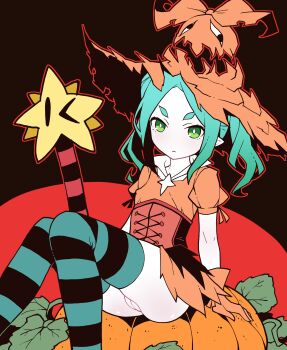 1girl absurdres akableak aqua_hair aqua_thighhighs arm_support ass black_background black_thighhighs breasts bright_pupils closed_mouth colored_skin commentary corset costume covered_erect_nipples dress english_commentary expressionless googly_eyes green_eyes halloween halloween_costume hat highres hikimayu holding holding_wand leaf leaning_back loli long_hair looking_at_viewer looking_to_the_side monogatari_(series) no_panties on_pumpkin ononoki_yotsugi orange_dress orange_hat outline parted_bangs pointy_ears pumpkin pumpkin_hat pussy red_background red_corset red_outline shiny_skin short_eyebrows sidelocks sitting small_breasts solo star_wand striped_clothes striped_thighhighs thick_eyebrows thighhighs torn_clothes torn_dress torn_hat twintails wand white_pupils white_skin witch witch_hat