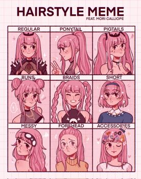 ! +++ 1girl :3 :p ^_^ alternate_costume alternate_hairstyle bangs_pinned_back bespectacled black_hairband blunt_bangs blush bob_cut braid character_name chart closed_eyes commentary corrupted_twitter_file double_bun english_commentary english_text facing_viewer frown glasses grin hair_bun hairband heart highres hololive hololive_english long_hair looking_at_viewer mori_calliope mori_calliope_(1st_costume) mori_calliope_(kawaiiope) mori_calliope_(sleepwear) mori_calliope_(streetwear) multiple_views official_alternate_costume official_alternate_hairstyle one_eye_closed pink_hair ponytail red_eyes short_hair shoulder_spikes sleep_mask smile sparkle spikes spoken_exclamation_mark squiggle straight_hair tiara tongue tongue_out too_many_hair_ornaments twin_braids twintails ulianasdolls v virtual_youtuber