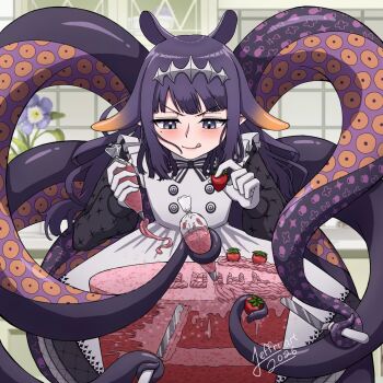1girl apron birthday birthday_cake black_eyes blush cake commentary concentrating dated dated_commentary english_commentary flower food fruit gloves hair_flaps highres hololive hololive_english icing indoors jeffri_art kitchen knife licking_lips long_hair looking_at_food mole mole_under_eye ninomae_ina'nis ninomae_ina'nis_(pastry_chef) pastry_bag purple_hair signature solo strawberry tentacle_hair tentacles tongue tongue_out virtual_youtuber white_gloves