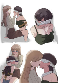 2girls arms_behind_back bang_dream! bang_dream!_it&#039;s_mygo!!!!! bdsm between_legs blindfold blue_eyes blush bondage bound bound_arms bra bra_lift breast_sucking breasts brown_hair brown_skirt chinese_commentary closed_mouth clothes_lift commentary_request earrings finger_in_another&#039;s_mouth french_kiss grey_shirt highres jewelry kiss long_hair long_sleeves multiple_girls nagasaki_soyo neck_blush partial_commentary pesirxy purple_eyes shiina_taki shirt shirt_lift skirt tongue tongue_out underwear white_background yuri