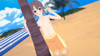 1girl 3d beach blue_sky blush breasts character_request cloud crossdressing crossdressing_(ftm) female_focus flat_chest grey_eyes grey_hair idolmaster idolmaster_cinderella_girls kneeling looking_at_viewer male_swimwear male_swimwear_challenge nipples orange_male_swimwear orange_swim_trunks sand short_hair sky solo source_request swim_trunks swimsuit tagme topless_female toshi_(sjha1986) v