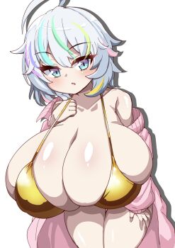 1girl ahoge bikini blue_eyes blue_hair blush breasts cleavage dolphin_wave enostal gigantic_breasts gold_bikini green_hair hand_on_own_chest hand_on_own_thigh jacket kurokuchi_muru multicolored_hair open_clothes open_jacket open_mouth pink_jacket purple_hair short_hair skindentation solo standing streaked_hair swimsuit thigh_gap white_background white_hair