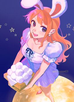 1girl animal_ears bare_arms bare_legs blush breasts brown_eyes cleavage collarbone commentary dress earrings food foot_out_of_frame frilled_sleeves frills from_above full_moon highres holding jewelry komucom03 large_breasts long_hair looking_at_viewer mochi moon nami_(one_piece) official_alternate_costume one_piece open_mouth orange_hair orange_shoes pearl_earrings puffy_short_sleeves puffy_sleeves purple_dress rabbit_ears shoes short_dress short_sleeves single_sidelock smile solo space standing star_(symbol) symbol-only_commentary twitter_username wavy_hair