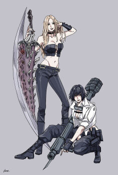 2girls azuma_xoxo_9 black_choker black_gloves black_jacket black_pants blonde_hair choker commentary_request devil_may_cry_(series) devil_may_cry_5 fingerless_gloves gloves goggles goggles_around_neck grey_background highres jacket kalina_ann_(weapon) lady_(devil_may_cry) long_hair midriff multiple_girls pants rocket_launcher signature simple_background sparda_(sword) sword trish_(devil_may_cry) weapon