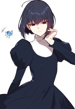 1girl absurdres bad_link bird black_dress black_eyes black_hair blue_bird closed_mouth dress ebora expressionless hand_to_head hand_up highres juliet_sleeves kuonji_alice long_sleeves looking_at_viewer lost_robin_rondo mahou_tsukai_no_yoru puffy_sleeves reien_girl&#039;s_academy_school_uniform school_uniform short_hair simple_background solo white_background