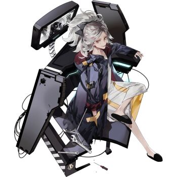 1girl artist_request black_coat black_hood black_slippers chair coat collarbone dress final_gear full_body grey_hair hair_up half_updo hand_in_pocket highres hood hooded_coat long_hair long_sleeves looking_to_the_side mature_female mouth_hold official_art old old_woman on_chair paula_(final_gear) screwdriver simple_background sitting sleeves_past_wrists sleeves_rolled_up slippers solo tachi-e third-party_source tools torn_clothes torn_coat transparent_background two-sided_coat two-sided_dress two-sided_fabric two-tone_dress white_dress wrench yellow_eyes