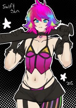 1boy 2n5 :t absurdres androgynous artist_name asymmetrical_legwear baseball_bat black_gloves collarbone commentary commission cowboy_shot eyelashes frilled_gloves frills gloves highres holding holding_baseball_bat miniskirt multicolored_hair navel original panties short_hair skirt star_(symbol) string_panties striped_clothes striped_thighhighs thighhighs underwear vertical-striped_clothes vertical-striped_thighhighs wide_hips zipper