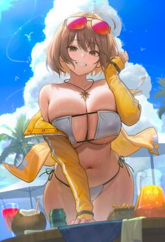 1girl 95_(jiuwujiang) ahoge anis_(nikke) anis_(sparkling_summer)_(nikke) aviator_sunglasses bare_shoulders bikini blue_sky breasts brown_eyes can cloud cloudy_sky coconut_cup coconut_tree commentary cup day drink_can drinking_glass drinking_straw eyepatch_bikini eyewear_on_head food french_fries goddess_of_victory:_nikke hair_intakes highres huge_breasts jacket jewelry long_sleeves looking_at_viewer navel necklace off_shoulder official_alternate_costume palm_tree short_hair side-tie_bikini_bottom skindentation sky smile solo stomach sunglasses swimsuit tree wet white_bikini yellow_jacket