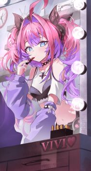 1girl absurdres ahoge analog_clock applying_lipstick applying_makeup black_bow black_bra black_choker blue_eyes bow bra bra_over_clothes breasts center-flap_bangs character_name choker clock closed_mouth clothing_cutout colored_tips commentary cosmetics cowboy_shot cropped_shirt cross-shaped_pupils double-parted_bangs drawer hair_bow hair_intakes highres holding holding_lipstick_tube hololive hololive_dev_is huge_ahoge kikirara_vivi light_bulb lipstick lipstick_tube long_hair looking_at_viewer makeup medium_breasts mirror multicolored_hair navel pink_hair ppot purple_arm_warmers purple_hair reflection shirt shoulder_cutout solo standing stomach symbol-shaped_pupils twintails two-tone_hair underwear virtual_youtuber white_shirt