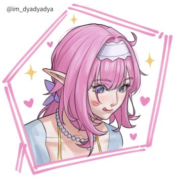 1girl blue_eyes dated_commentary dyadyadya elf elysia_(honkai_impact) elysia_(miss_pink_elf)_(honkai_impact) elysia_(summer_miss_elf)_(honkai_impact) hairband honkai_(series) honkai_impact_3rd implied_yuri jewelry licking_lips lipstick_mark_on_cheek long_hair necklace official_alternate_costume pearl_necklace pink_hair pointy_ears simple_background solo tongue tongue_out twitter_username upper_body very_long_hair white_background white_hairband