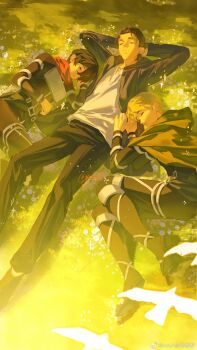 1girl 2boys armin_arlert arms_behind_head bird black_boots black_hair black_jacket black_pants blonde_hair boots brown_hair chinese_commentary cloak closed_eyes commentary_request eren_yeager hair_between_eyes hair_over_one_eye highres hood hooded_cloak jacket meadow mikasa_ackerman multiple_boys pants parted_bangs red_scarf scarf shingeki_no_kyojin shirt short_hair watermark weibo_watermark white_shirt yun_(dl2n5c7kbh8ihcx)