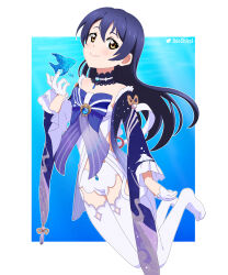 Rule 34 | 1girl, absurdres, artist name, bare shoulders, blue bow, blue hair, blue sleeves, bow, choker, closed mouth, ddeshiro, fish, frilled sleeves, frills, genshin impact, gloves, half gloves, highres, lace-trimmed choker, lace trim, long hair, long sleeves, love live!, mimori suzuko, sangonomiya kokomi, shorts, smile, socks, solo, sonoda umi, thighhighs, underwater, voice actor connection, white gloves, white shorts, white socks, wide sleeves, yellow eyes