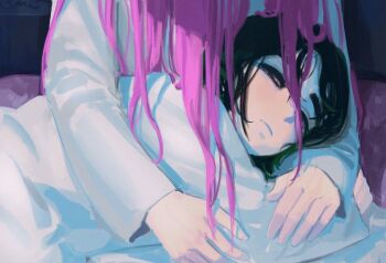 2girls alien_stage black_hair commentary dress english_commentary lap_pillow long_hair long_sleeves mizi_(alien_stage) multiple_girls pink_hair purple_eyes sua_(alien_stage) valerie_vie01 white_dress