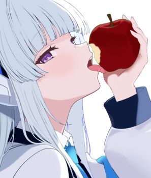 1girl apple blue_archive blue_necktie commentary_request dasiu food food_bite fruit halo headgear holding holding_food holding_fruit long_hair long_sleeves looking_at_viewer necktie noa_(blue_archive) open_mouth purple_eyes shirt simple_background solo tongue tongue_out white_background white_hair white_shirt