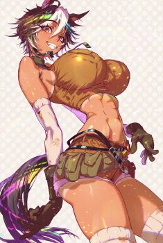 1girl absurdres animal_ear_fluff animal_ears belt_pouch black_gloves breasts brown_hair brown_shirt brown_shorts commentary_request cropped_shirt dark-skinned_female dark_skin gloves hair_between_eyes highres horse_ears horse_girl horse_tail indie_virtual_youtuber large_breasts momoyama_tits multicolored_hair navel pouch shirt short_hair short_shorts shorts solo star_(symbol) star_in_eye stomach symbol_in_eye tail tan tanline thighhighs tomoe_umari tomoe_umari_(1st_costume) two-tone_hair virtual_youtuber white_hair white_thighhighs yellow_eyes