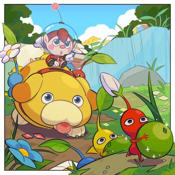 Rule 34 | 1girl, anjohink, blue flower, blue pikmin, blue sky, carrying, cloud, commentary, day, dog, english commentary, fence, flower, food, fruit, gloves, helmet, holding, holding food, holding fruit, lime (fruit), mini person, minigirl, nintendo, oatchi (pikmin), outdoors, oversized food, oversized object, pikmin (creature), pikmin (series), pikmin 4, pointing, pointing forward, radio antenna, red hair, red pikmin, rescue officer (pikmin), riding, riding animal, rock, short hair, sitting, sky, space helmet, spacesuit, white flower, white gloves, yellow pikmin