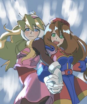 2girls black_bodysuit blonde_hair blue_dress blue_eyes blush bodysuit bodysuit_under_clothes brown_hair ciel_(mega_man) commentary_request cowboy_shot dress green_eyes hat helmet high-waist_skirt high_ponytail highres in-franchise_crossover iris_(mega_man) kintama0210 long_hair mega_man_(series) mega_man_x_(series) mega_man_zero_(series) multiple_girls pink_helmet pink_shirt pink_skirt ponytail red_dress red_hat shirt skirt trait_connection