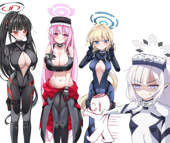 Rule 34 | 1boy, 4girls, anger vein, armband, arms behind back, bare shoulders, black bodysuit, black gloves, black hair, black halo, black sports bra, blonde hair, blue archive, blue bodysuit, blue eyes, blue halo, blue streaks, blunt bangs, blush, bodysuit, breasts, bright pupils, cleavage, closed mouth, collarbone, commentary request, doodle sensei (blue archive), double v, earclip, eimi (battlesuit) (blue archive), eimi (blue archive), eyewear on head, flying sweatdrops, frown, gloves, groin, hair between eyes, hair down, hair ornament, halo, hand on own chest, head-mounted display, highres, himari (armed) (blue archive), himari (blue archive), holster, impossible bodysuit, impossible clothes, large breasts, latex, latex bodysuit, loang-lipe, long hair, looking at viewer, medium breasts, midriff, mole, mole under eye, multicolored halo, multiple girls, navel, no jacket, official alternate costume, official alternate hairstyle, open bodysuit, open clothes, parted lips, partially unzipped, pink eyes, pink hair, pink halo, pointy ears, ponytail, pouch, pulling, purple eyes, red eyes, ringed eyes, rio (armed) (blue archive), rio (blue archive), sensei (blue archive), shaded face, sidelocks, simple background, skin tight, skindentation, small breasts, smile, sparkle, sports bra, standing, thigh holster, thigh pouch, toki (armed) (blue archive), toki (blue archive), two-tone halo, v, very long hair, white background, white bodysuit, white hair, white halo, white pupils