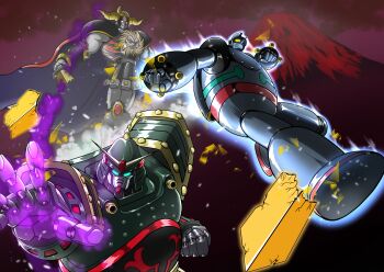 ankokuu_daishogun aqua_eyes armor armored_skirt black_eyes broken broken_sword broken_weapon cape clenched_hands cloud colored_sclera commentary_request commission crossover fangs g_gundam glowing glowing_eyes grin gundam highres holding holding_sword holding_weapon horns joints kicking kowloon_gundam looking_at_viewer mane mazinger_(series) mecha mecha_focus mobile_suit mountain no_humans no_pupils open_hand outdoors outline pixiv_commission pointy_nose red_eyes red_sclera rivets robot robot_joints science_fiction shards shin_mazinger_shougeki!_z-hen shining_finger shoulder_armor sky smile super_robot sword teeth tetsujin_28 tetsujin_28-gou thrusters v-fin weapon yellow_sclera yuuki_(gatama)