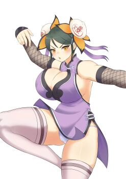 1girl :o absurdres baozi_hair_ornament black_hair blush breasts bun_cover cameltoe china_dress chinese_clothes cleavage cleavage_cutout clothing_cutout crane_stance detached_sleeves double_bun dress fighting_stance fishnet_sleeves fishnets food-themed_hair_ornament hair_between_eyes hair_bun hair_ornament hairclip highres kung_fu large_breasts looking_at_viewer martial_arts meimei_(senran_kagura) open_mouth panties pelvic_curtain puffywaffles purple_dress purple_ribbon ribbon senran_kagura senran_kagura_new_wave shiny_skin side_slit sideboob simple_background sleeveless sleeveless_dress solo standing standing_on_one_leg swept_bangs thighhighs underwear v-shaped_eyebrows white_background white_panties white_thighhighs yellow_eyes