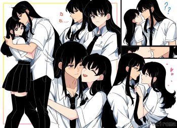 1boy 1girl absurdres anger_vein arm_around_back black_hair black_necktie black_pants black_skirt black_thighhighs blush brown_eyes closed_eyes clothes_grab collarbone couple feet_out_of_frame furrowed_brow hair_between_eyes hand_in_another&#039;s_hair hetero highres higurashi_kagome hug imminent_kiss inuyasha inuyasha_(character) laughing light_frown long_hair looking_at_another multiple_views necktie necktie_grab neckwear_grab open_mouth pants parted_lips pleated_skirt school_uniform shirt short_sleeves sidelocks skirt smile thighhighs tiroma twintails upper_body white_background white_shirt zettai_ryouiki