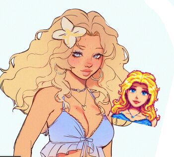 1girl alternate_costume alternate_hairstyle blue_bra blue_eyes blue_eyeshadow body_freckles bra breast_freckles breasts cleavage closed_mouth commentary curly_hair earrings english_commentary eyelashes eyeshadow film_grain flower forehead freckles frilled_bra frills hair_flower hair_ornament hair_over_shoulder haley_(stardew_valley) heart heart_necklace highres hoop_earrings jewelry lace lace-trimmed_bra lace_trim long_hair looking_to_the_side makeup medium_breasts mole mole_on_breast mole_on_cheek mole_on_forehead necklace noisykoala parted_bangs redesign reference_inset shell shell_necklace sketch stardew_valley tan thick_lips underwear upper_body white_background white_flower