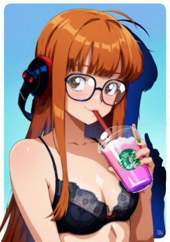1girl absurdres ahoge behind-the-head_headphones black_bra blue_background border bra breasts brown_eyes cleavage collarbone commentary cup disposable_cup drinking drinking_straw english_commentary glasses gravydood green_nails headphones heart heart-shaped_pupils highres long_hair looking_at_viewer medium_breasts morgana_(persona_5) no_shirt orange_hair persona persona_5 sakura_futaba solo symbol-shaped_pupils underwear underwear_only upper_body very_long_hair white_border