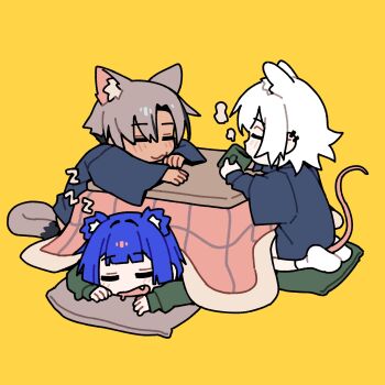 Rule 34 | 3girls, :3, animal ear fluff, animal ears, arms on table, arms up, bear ears, bear girl, big head, black hair, black streaks, black tail, blue hair, blue robe, blue shirt, blunt bangs, blunt sidelocks, cat ears, cat girl, cat tail, center-flap bangs, chibi, chibi only, closed eyes, closed mouth, commentary, cup, curled tail, curtained hair, dark-skinned female, dark skin, drinking, drooling, ear piercing, english commentary, extra ears, eyebrows hidden by hair, fang, flipped hair, from side, go! go! gris!, green shirt, grey hair, grey tail, gris (go! go! gris!), hair flaps, hair intakes, hair over one eye, head on pillow, head rest, highres, holding, holding cup, invisible floor, kara (go! go! gris!), kotatsu, leaning forward, leaning on table, legs together, light blush, long sleeves, lying, mouse ears, mouse girl, mouse tail, mouth drool, mug, multicolored hair, multiple girls, multiple piercings, on pillow, on stomach, open mouth, original, parted bangs, perl (go! go! gris!), piercing, pillow, pink tail, raised eyebrows, raised inner eyebrows, relaxing, robe, seiza, shirt, short hair, sidelocks, simple background, sitting, sleeping, socks, sound effects, steam, streaked hair, striped blush, table, tail, tail raised, two-tone hair, two-tone tail, under kotatsu, under table, vertigris, white hair, white socks, wide sleeves, yellow background, zzz