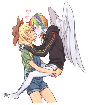 2girls alternate_costume animification applejack applejack_(equestria_girls) barefoot black_hoodie blonde_hair blue_overalls blue_skin blush carrying carrying_person closed_eyes colored_skin commentary couple cowboy_hat dcon_34 flat_chest freckles hat hood hoodie imminent_kiss laughing long_hair low-tied_long_hair multicolored_hair multiple_girls my_little_pony my_little_pony:_equestria_girls my_little_pony:_friendship_is_magic orange_skin overalls personification rainbow_dash rainbow_dash_(equestria_girls) rainbow_hair simple_background smile white_background yuri