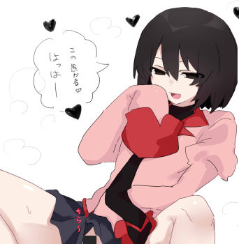 Rule 34 | 1girl, :d, absurdres, bar censor, black eyes, black hair, black necktie, black shirt, black skirt, bob cut, censored, clothes lift, commentary, flashing, hair between eyes, hand to own mouth, heart, highres, juliet sleeves, leaning back, lifting own clothes, long sleeves, looking afar, looking ahead, missing legwear, monogatari (series), naoetsu high school uniform, narrowed eyes, necktie, no panties, open mouth, oshino ougi, pale skin, pink shirt, pleated skirt, puffy long sleeves, puffy sleeves, red trim, school uniform, shirt, short hair, simple background, sitting, sketch, skirt, skirt lift, sleeves past fingers, sleeves past wrists, smile, solo, spread legs, steam, steaming body, sweat, teasing, translated, tsugumi (tgm 615486), turtleneck, undershirt, white background, wide spread legs