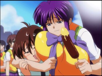 animated animated_gif anime_screenshot banana bow breasts brown_hair chocolate-covered_food chocolate_banana eiken face_to_breasts femdom food fruit high_ponytail huge_breasts long_hair mifune_densuke misono_kirika ponytail purple_bow purple_hair school_uniform short_hair zashono_academy_school_uniform