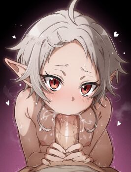 1boy 1girl ahoge breasts elf erection fellatio grey_hair heart hetero highres looking_at_viewer mushoku_tensei naoillus nipples oral penis pointy_ears pov red_eyes short_hair small_breasts solo_focus sylphiette_(mushoku_tensei) uncensored