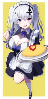 Rule 34 | 1girl, :p, absurdres, apron, arm up, black dress, blue eyes, blue ribbon, blush, breasts, cleavage, cleavage cutout, clothing cutout, collar, cross, cross-shaped pupils, cross hair ornament, dress, food, frilled apron, frilled dress, frills, full body, grey hair, hair ornament, heterochromia, highres, holding, holding tray, inverted cross, kukro, large breasts, leg up, looking at viewer, maid, maid apron, maid headdress, neck ribbon, neo-porte, omelet, pink eyes, ribbon, simple background, skirt, smile, socks, solo, standing, standing on one leg, symbol-shaped pupils, teeth, tentei forte, tongue, tongue out, tray, twintails, upper teeth only, virtual youtuber, white apron, white socks