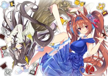 2girls absurdres ahoge animal_ears bare_shoulders black_hair blue_dress blue_eyes blue_ribbon blush bow breasts brown_hair brown_skirt closed_mouth daiwa_scarlet_(umamusume) dream_journey_(umamusume) dress eyewear_strap fang glasses hair_between_eyes hair_intakes highres horse_ears horse_girl horse_tail jewelry kurokawa_heuy large_breasts long_hair long_sleeves looking_at_viewer multicolored_hair multiple_girls necklace red_eyes ribbon sandals skirt smile sweater tail tiara trophy twintails umamusume very_long_hair white_hair white_sweater