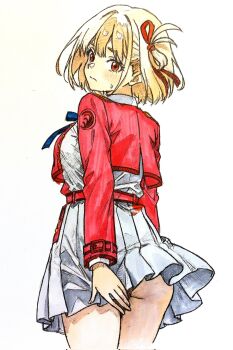 1girl absurdres ass belt blonde_hair blue_ribbon closed_mouth collared_dress commentary_request covering_ass covering_privates dress from_behind graphite_(medium) grey_dress greyscale hair_ribbon highres i4teruz jacket long_sleeves looking_at_viewer looking_back lycoris_recoil lycoris_uniform monochrome neck_ribbon nishikigi_chisato pleated_dress pleated_skirt red_belt red_dress red_eyes red_ribbon ribbon short_dress short_hair simple_background skirt solo traditional_media two-tone_dress