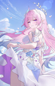 1girl absurdres bare_shoulders blue_hair blue_sky breasts clothes_lift commentary cowboy_shot cyrene_(honkai:_star_rail) cyrene_(ripples_of_past_reverie)_(honkai:_star_rail) day diamond-shaped_pupils diamond_(shape) dress dress_lift from_side gradient_hair halo highres honkai:_star_rail honkai_(series) large_breasts long_hair looking_at_viewer looking_to_the_side multicolored_hair outdoors parted_lips pink_hair pink_petals pointy_ears purple_eyes sidelocks skirt_hold sky smile solo symbol-shaped_pupils usagi_(786113654) very_long_hair white_dress