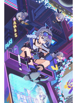 1girl absurdres bare_shoulders black_gloves black_jacket blowing_bubbles boots chewing_gum chibi chinese_commentary closed_mouth commentary_request dongmandie drill_hair eyewear_on_head fingerless_gloves full_body genius_invokation_tcg_(style) gloves grey_eyes grey_hair hair_between_eyes hair_ornament highres holding holographic_interface honkai:_star_rail honkai_(series) jacket long_hair looking_at_viewer multiple_girls night playing_games ponytail shirt shorts silver_wolf_(honkai:_star_rail) sitting sky sunglasses twin_drills weapon white_shirt
