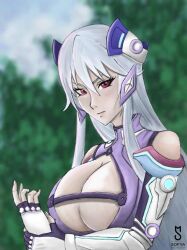 Rule 34 | 1girl, armor, bodysuit, breasts, chidorigafuchi aine, cleavage, ear covers, exposed chest, forehead, forest, gauntlets, gloves, headpiece, large breasts, leotard, long hair, masou gakuen hxh, nature, red eyes, white hair