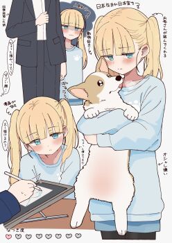 animal animal_hug aqua_eyes blue_shirt blue_shorts blue_sweater blunt_bangs blush character_counter_request closed_mouth commentary_request dog drawing_tablet heart highres jacket long_hair long_sleeves mole mole_on_neck original pants pantyhose paw_print pointing_out_the_details print_sweater shaded_face shirt shorts solo_focus sweater translation_request twintails welsh_corgi white_background yoyohachi