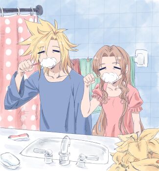 1boy 1girl aerith_gainsborough bathroom bervens12 blonde_hair blue_shirt brown_hair brushing_teeth closed_eyes cloud_strife commentary english_commentary final_fantasy final_fantasy_vii flower hair_between_eyes highres lily_(flower) long_hair long_sleeves parted_bangs pink_shirt puffy_short_sleeves puffy_sleeves shirt short_sleeves shower_curtain sidelocks sink spiked_hair tile_wall tiles toothpaste wavy_hair yellow_flower