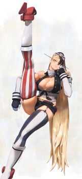 1girl absurdres asymmetrical_legwear black_hair blonde_hair blue_eyes breasts cleavage commentary elbow_gloves english_commentary flexible garter_straps gloves headgear highres kantai_collection large_breasts leg_lift leg_up long_hair multicolored_hair original solo split star-shaped_pupils star_(symbol) striped_clothes striped_thighhighs symbol-shaped_pupils thighhighs two-tone_hair uss_new_jersey_(bb-62)_(ye_fan) vertical-striped_clothes vertical-striped_thighhighs ye_fan